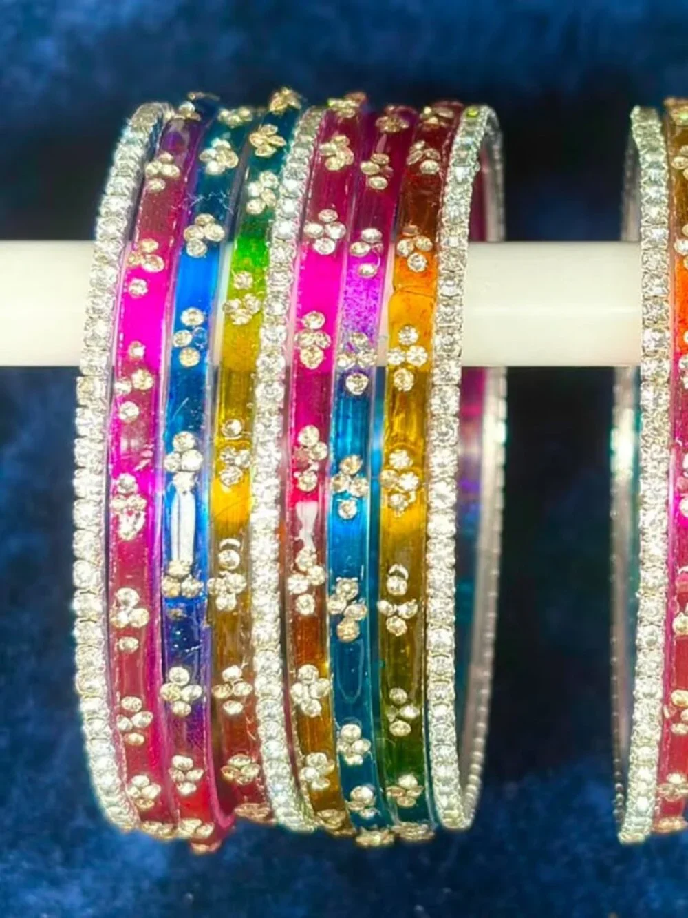 Colorful Crystal Rhinestone Bangle Pair, Stackable Multi-Tone Gemstone Bracelet